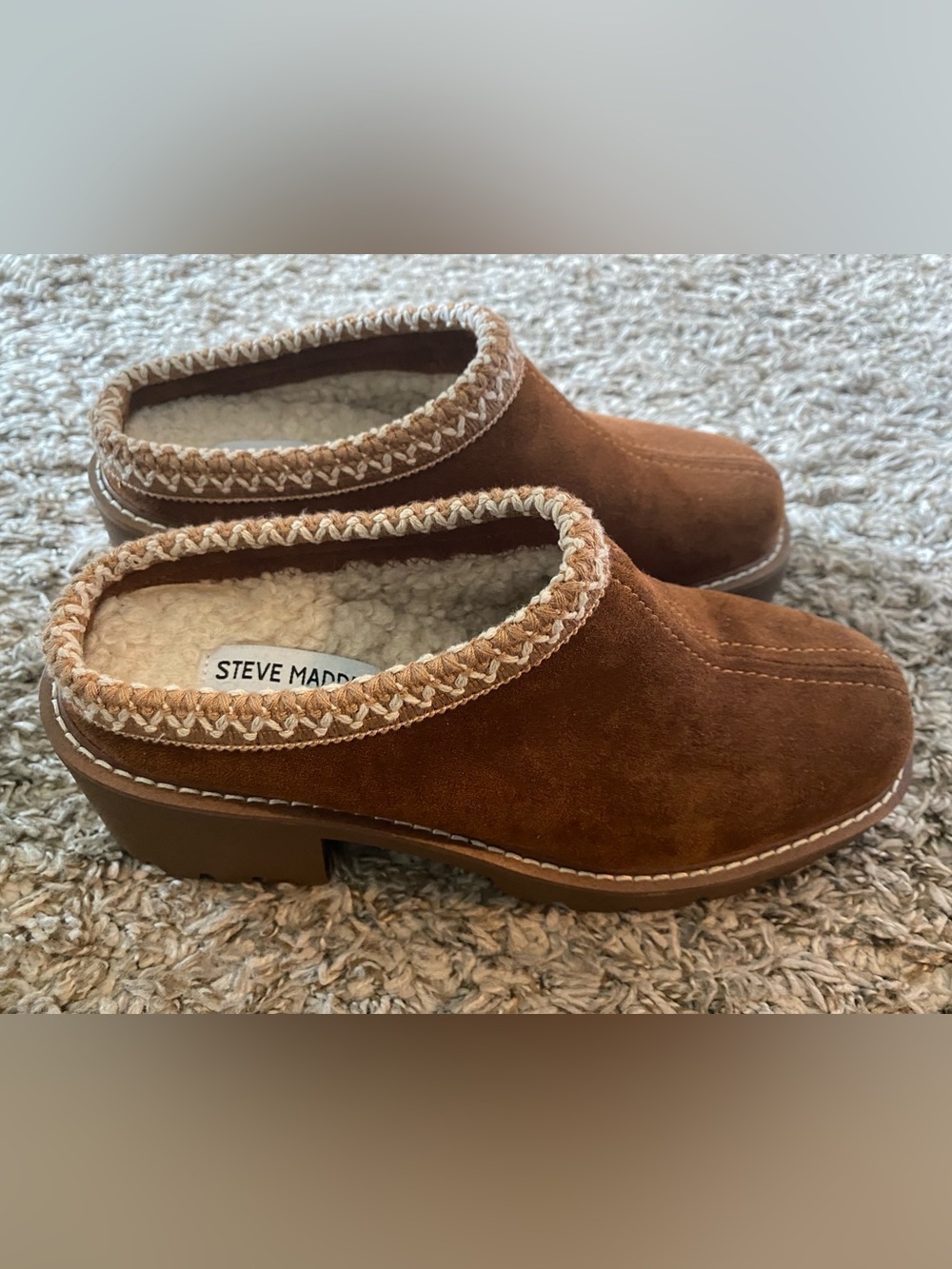 Steve Madden Brown Suede Sherpa-Lined Clog Mules
